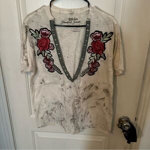 Affliction Floral Embroidered V-Neck T-Shirt